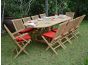 Salon en teck massif de qualité Ecograde© Aore, table ovale Vérone extensible de 1.60 à 2.40 m + 8 chaises et 2 fauteuils pliants Java avec coussins rouges