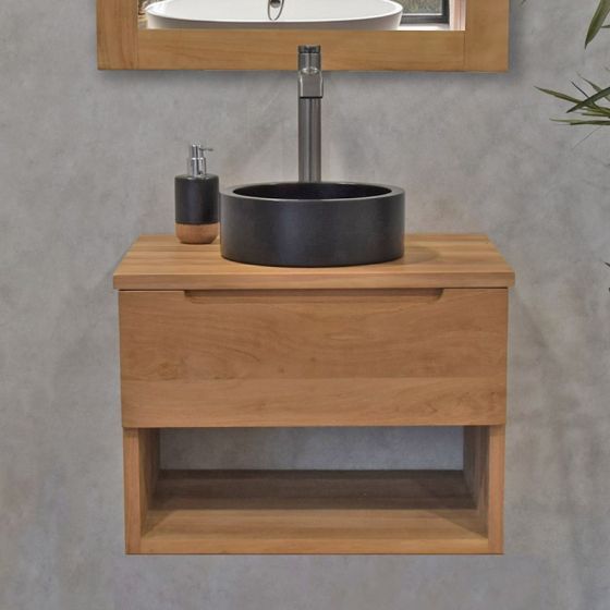 Meuble de salle de bain suspendu en teck massif FSC® 60 cm, Khartane  avec 1 niche et 1 tiroir