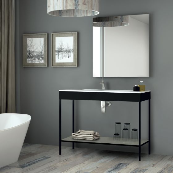 Meuble de salle de bain à poser en métal et bois laqué noir 120 cm + plan vasque céramique, Metal