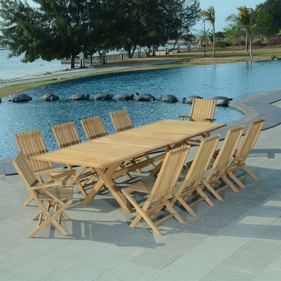 Ensemble de jardin en teck qualité Ecograde La Paz - table extensible et 8 chaises et 2 fauteuils pliants Karimun