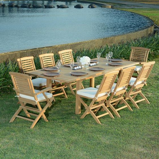 Salon de jardin en teck qualité Ecograde Almeria - table extensible 1.74 à 2.34 m et 6 chaises et 2 fauteuils pliants Barbade avec coussins écrus