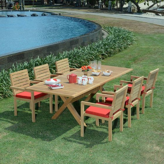 Salon de jardin en teck qualité Ecograde Byblos - table extensible 1.74 à 2.34 m et 6 fauteuils empilables Tivoli avec coussins rouges