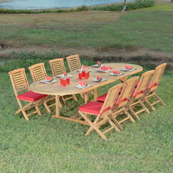 Salon de jardin en Teck de qualité Ecograde Catane - Table ovale extensible + 8 chaises pliantes Barbade