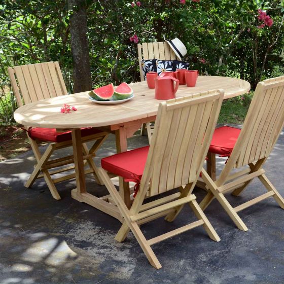 Salon de jardin en teck Ecograde Alizé, table ovale Sirius extensible de 1.20 à 1,8 m + 4 chaises pliantes Karimun avec coussins rouges