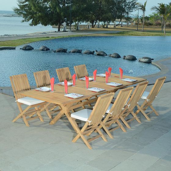 Salon de jardin en teck qualité Ecograde Canoas - table extensible et 8 chaises pliantes Karimun avec coussins écrus