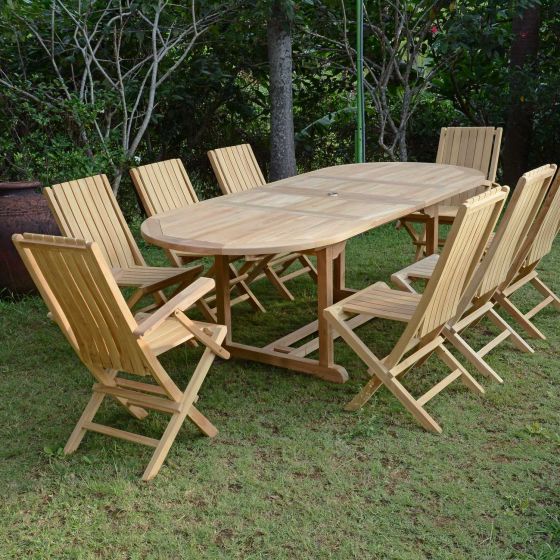 Salon de jardin en teck massif de qualité Ecograde© Fuji, table Vérone extensible de 1.60 à 2.40 m + 6 chaises et 2 fauteuils pliants Karimun