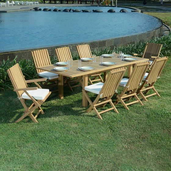 Salon de jardin en teck qualité Ecograde Pondichery - table extensible 1.74 à 2.34 m et 6 chaises et 2 fauteuils pliants Karimun avec coussins écrus