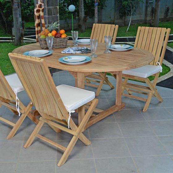 Salon de jardin Talmont en teck massif de qualité Ecograde, table ronde Roma extensible de 1,2 à 1,7 m + 4 chaises pliantes Karimun