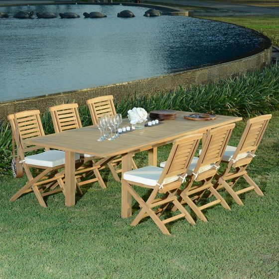 Salon de jardin en teck qualité Ecograde Valdemoro - table extensible 1.74 à 2.34 m et 6 chaises pliantes Barbade avec coussins écrus