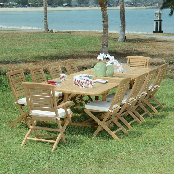 Ensemble de jardin en Teck massif qualité Ecograde Elda - Table rectangulaire Sydney extensible 2 à 3 m + 8 chaises et 2 fauteuils pliants Barbade