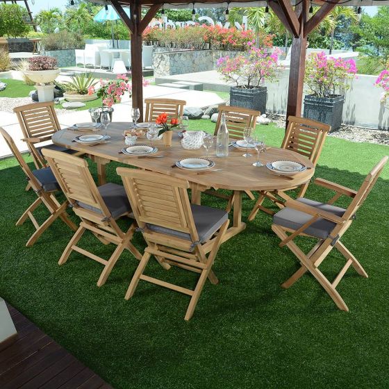 Salon de jardin en teck massif de qualité Ecograde© Kediri, table ovale Vérone extensible de 1.60 à 2.40 m + 6 chaises et 2 fauteuils pliants Barbade