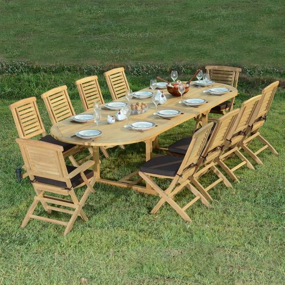 Salon de jardin en Teck de qualité Ecograde Khania - Table ovale extensible  + 8 chaises et 2 fauteuils pliants Barbade