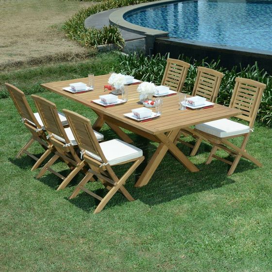 Salon de jardin en teck qualité Ecograde Manabo - table extensible 1.74 à 2.34 m et 6 chaises pliantes Barbade avec coussins écrus