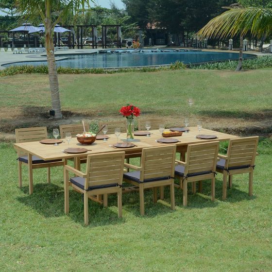 Ensemble de jardin en Teck massif qualité Ecograde Utrilla - Table rectangulaire Sydney extensible  + 8 fauteuils empilables Tivoli