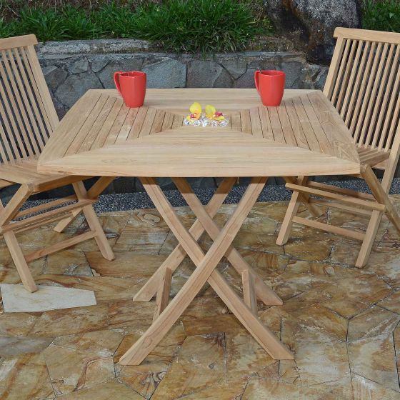 Table de jardin pliante carrée de 90 cm en teck massif de qualité Ecograde© avec 2 chaises pliantes Java