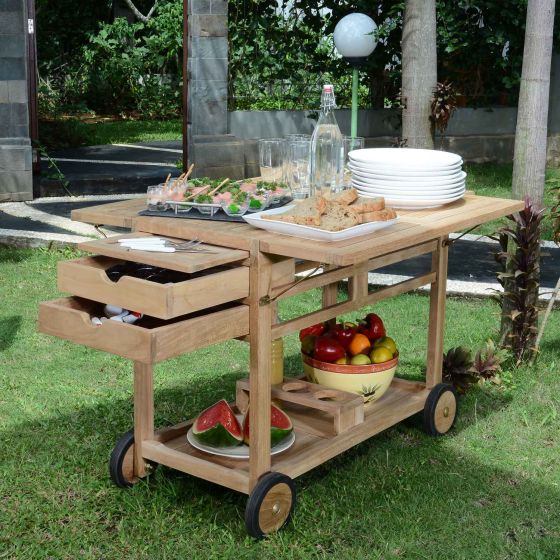 Desserte roulante pour le jardin en teck massif Ecograde© - Party avec plateaux rabattables et 2 tiroirs