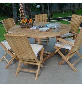 Table de jardin en teck en résine tressée ronde pliante