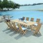 Salon de jardin en teck qualité Ecograde Cancun - table extensible et 8 chaises et 2 fauteuils pliants karimun avec coussins écrus