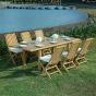 Salon de jardin en teck qualité Ecograde Kythira - table extensible 1.74 à 2.34 m et 6 chaises pliantes Karimun avec coussins écrus