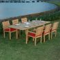Salon de jardin en teck qualité Ecograde Caserte - table extensible 1.74 à 2.34 m et 6 fauteuils empilables Tivoli et coussins rouges