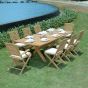 Salon de jardin en teck qualité Ecograde Livourne - table extensible 1.74 à 2.34 m et 6 chaises et 2 fauteuils pliants Barbade et coussins écrus
