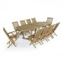 Salon en teck massif de qualité Ecograde© Aore, table ovale Vérone extensible de 1.60 à 2.40 m + 8 chaises et 2 fauteuils pliants Java