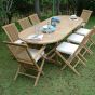 Salon de jardin en teck Ecograde Bora-Bora, table ovale Vérone extensible de 1.6 m à  2,40 m + 2 fauteuils et 6 chaises pliants Java avec coussins écrus