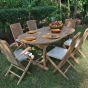 Salon de jardin Samora, présenté avec la table Florence sans rallonge et 4 chaises et 2 fauteuils pliants Karimun avec coussins écrus