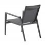 Vue de dos du fauteuil en aluminium anthracite et textilène gris argent du salon de jardin Kona